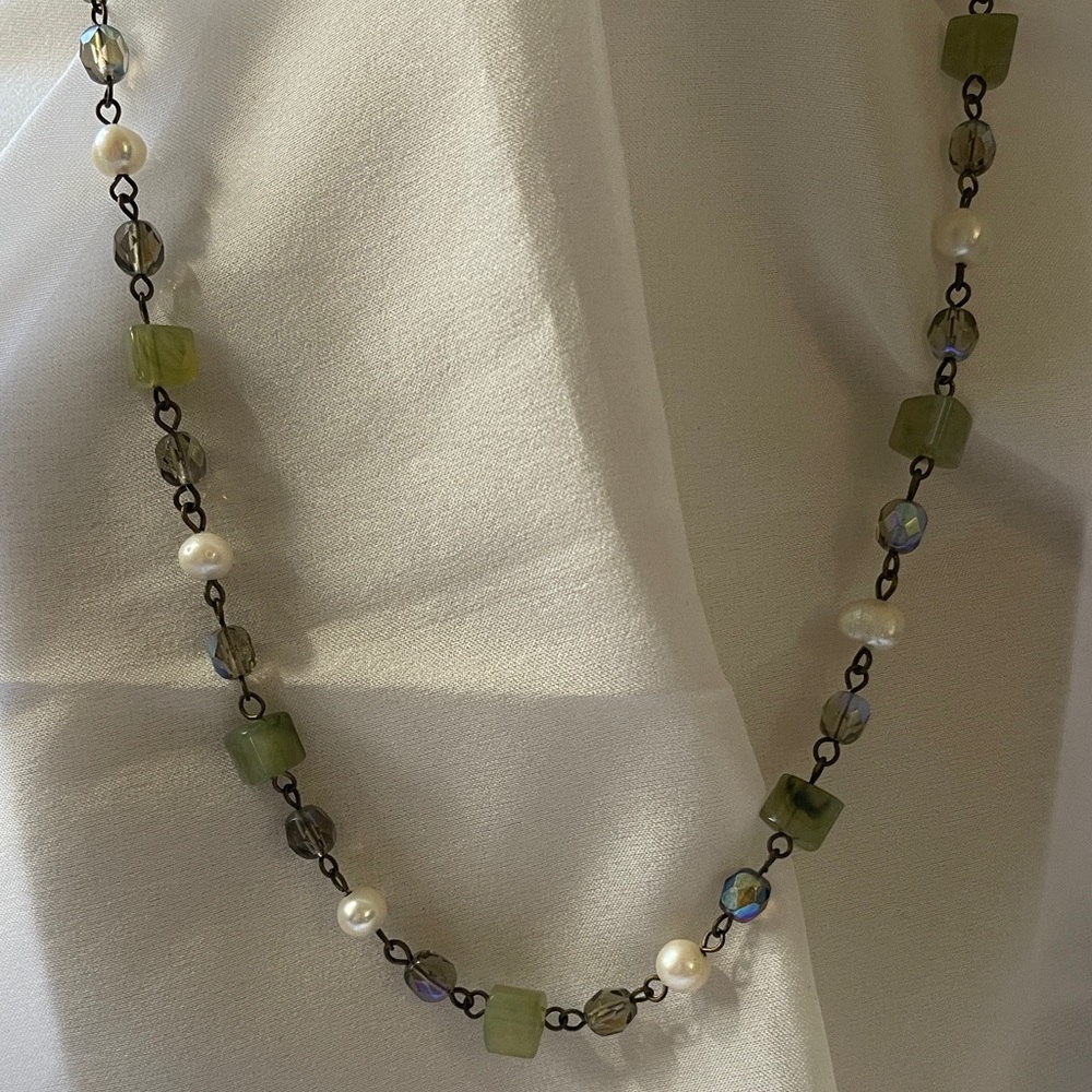 Lia Sophia faux jade and pearl necklace with antique gold chain links.